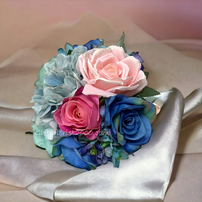 Pink & Blue Silk Roses Bouquet-SRB5
